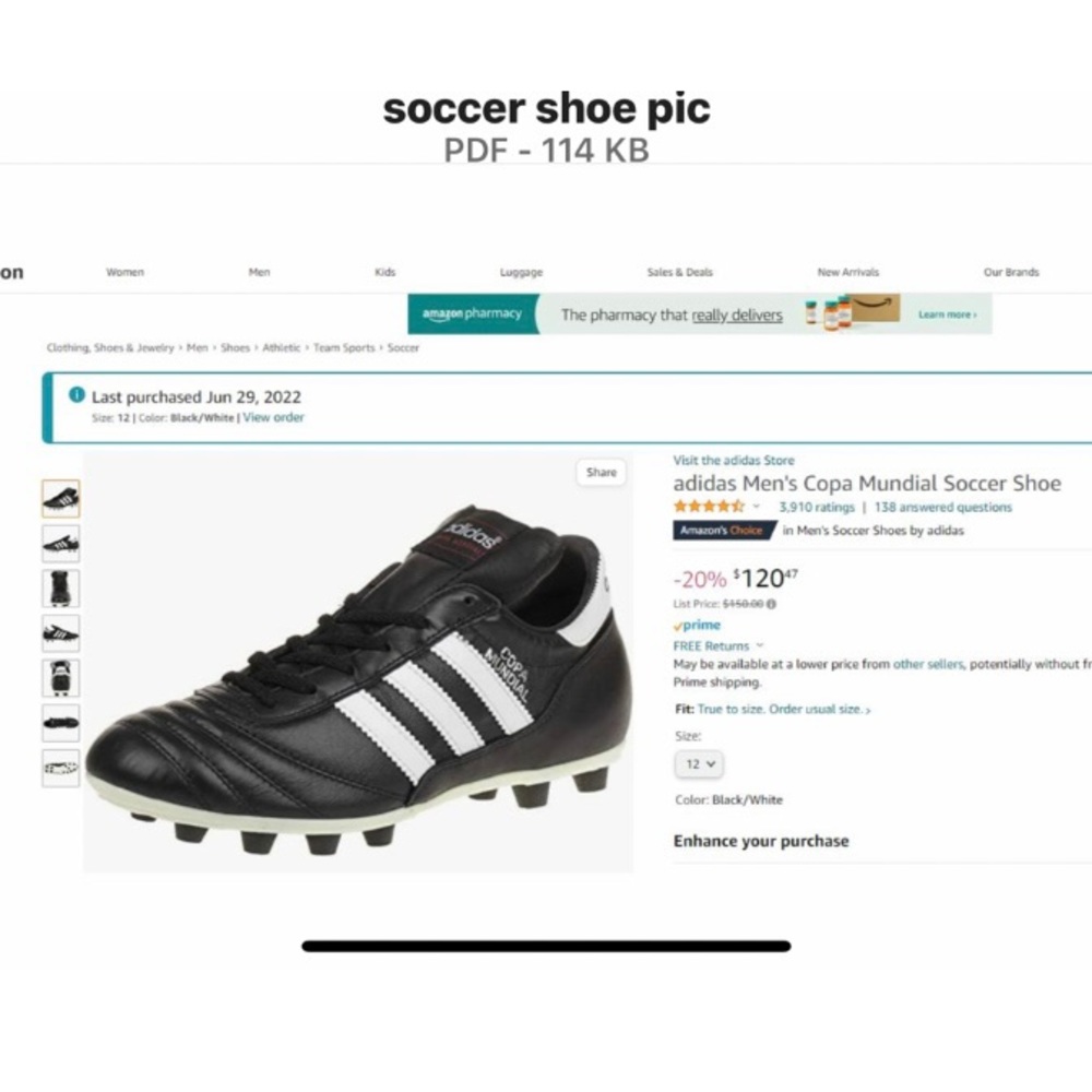 Adidas Men’s Copa Mundial Soccer Shoe, size 12